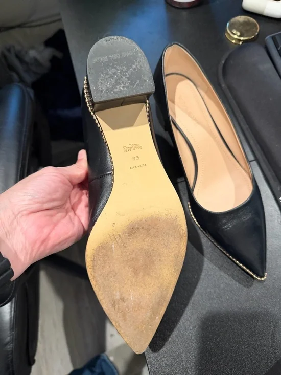 Coach Black Pointed-Toe Leather Flats with Gold Trim - Picture 3 of 3